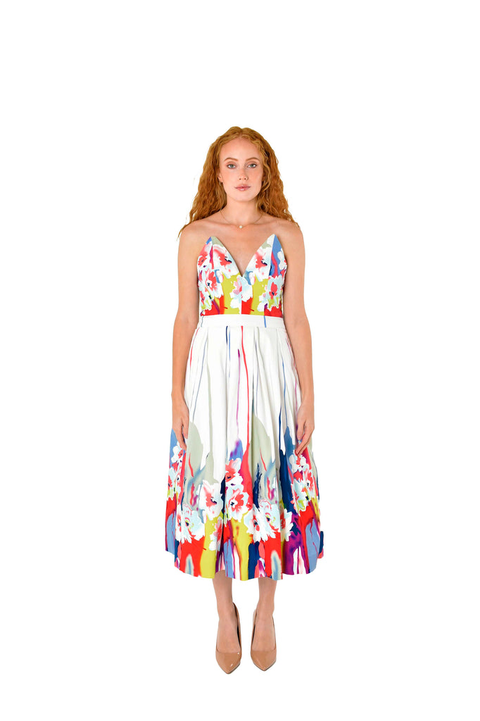  V Shape Bustier Full Dress Multicolour Splash Floral Print Eva