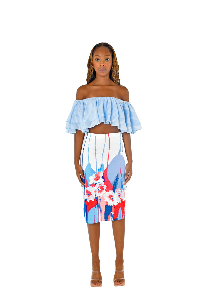  Floral Multi colour Splash Print Straight Midi Skirt Celeste