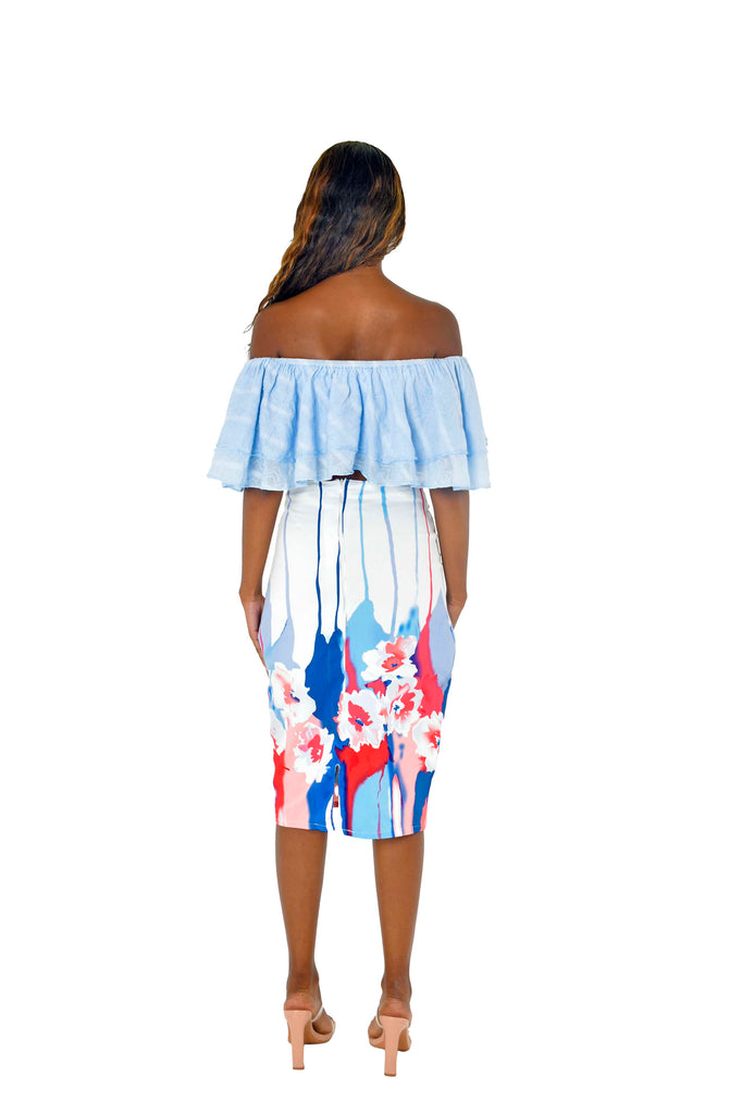  Floral Multi colour Splash Print Straight Midi Skirt Celeste back