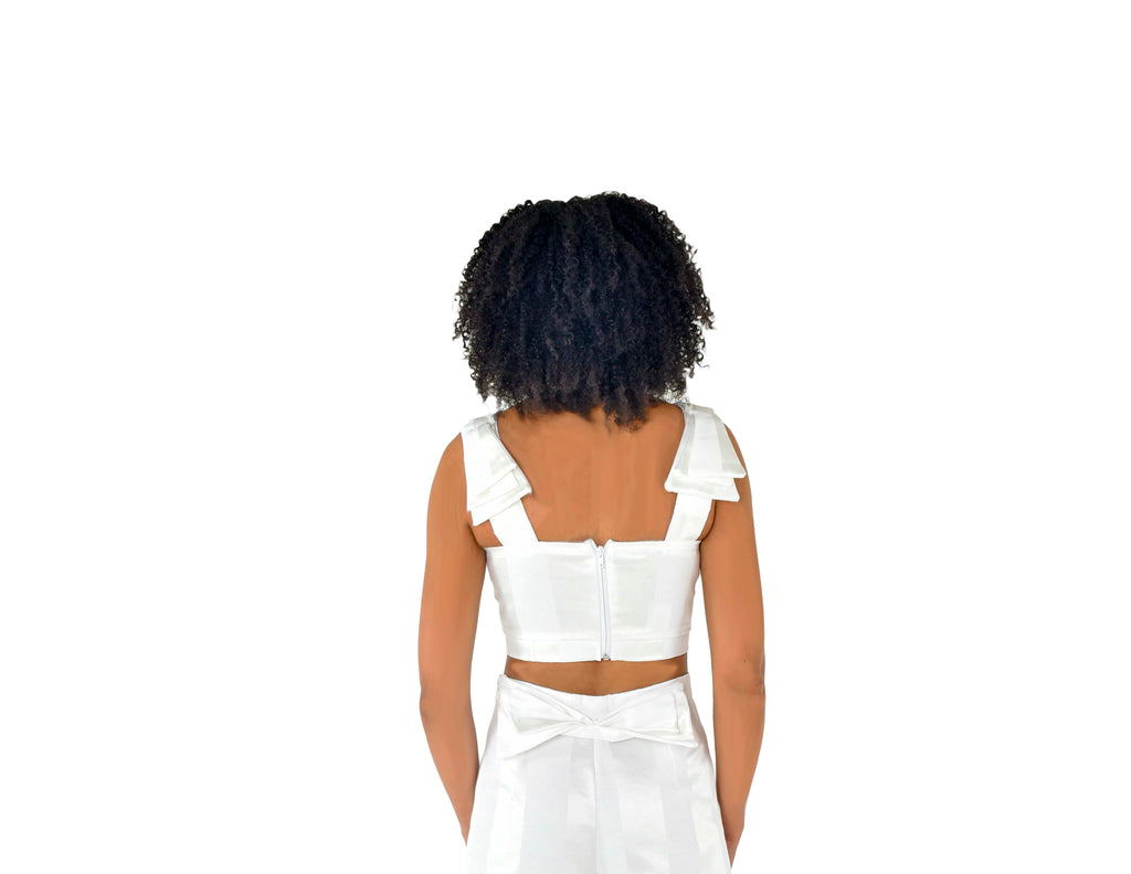 Shoulder Bow White Pattern Crop Top Chou back